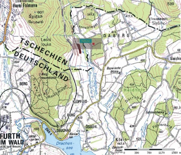 Pozemky usedlosti HofLind v hraniční oblasti obou zemí, zaniklá osada Kubička/ Plassendorf, původní místo v Čechách, nacházející se v „západním“ směru